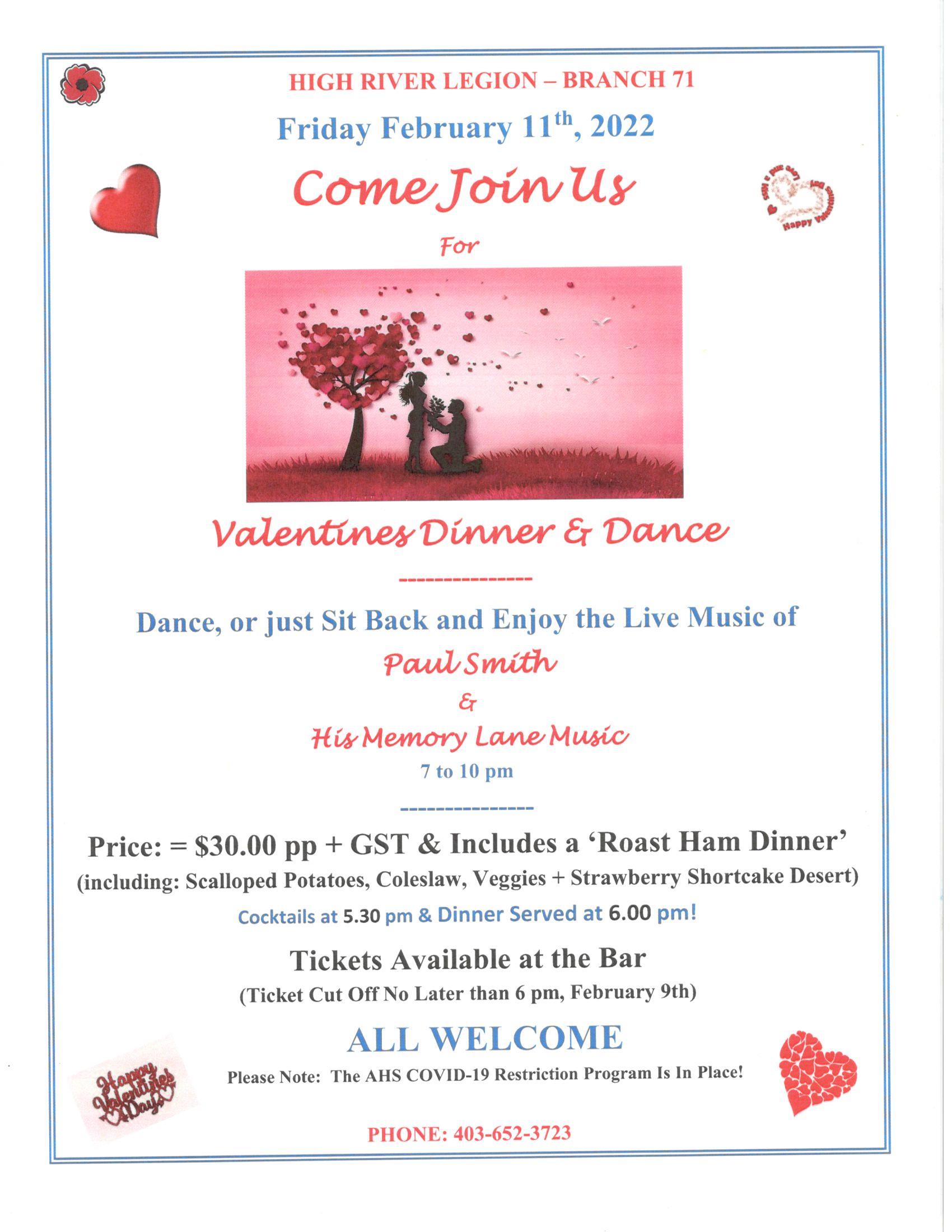 Join Us Friday February 11, 2022 For A Valentines Dinner & Dance!